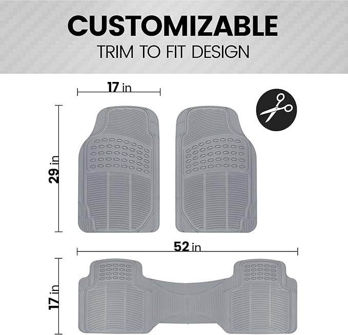 BDK Original ProLiner 3 Piece Heavy Duty Front & Rear Rubber Floor Mats for Car SUV Van & Truck, Gray - All Weather Floor Protection with Universal Fit Design