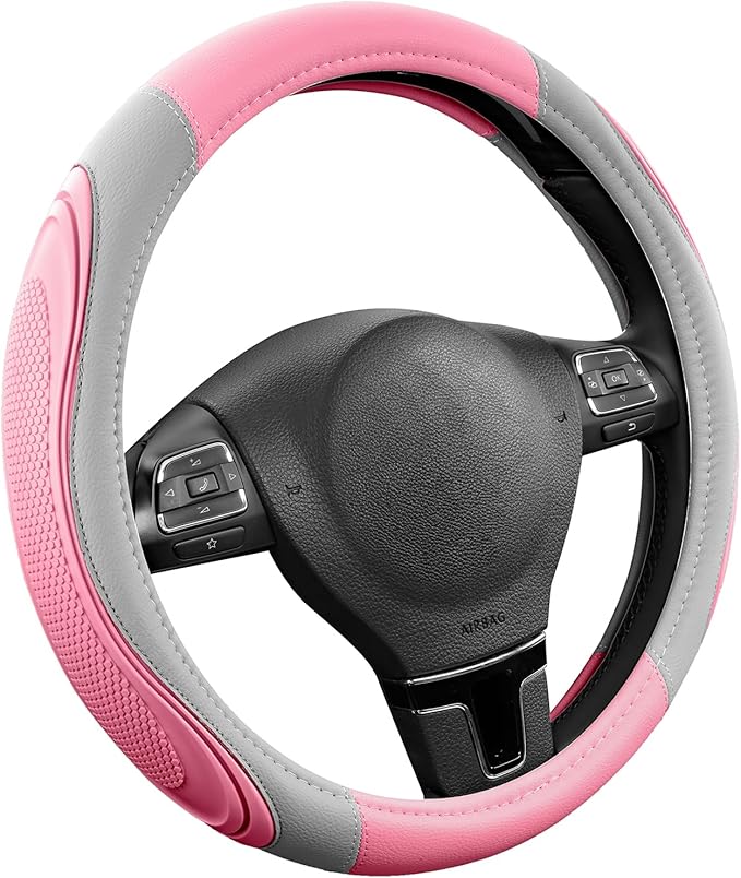 Road Comforts Car Steering Wheel Cover - Microfiber Leather Steering Wheel Wrap Sports 14.5-15 Inch Steering Wheel Cover Non-Slip for Men Women Pink & Gray Color