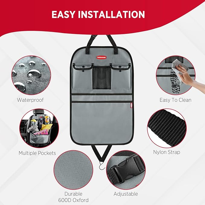 Rubbermaid Backseat Car Organizer, Kick Mats and Seat Back Protector, Car Organizer for Kids with 6 Storage Pockets, Travel Essentials for SUV, Truck, Car - 2 packs Gray