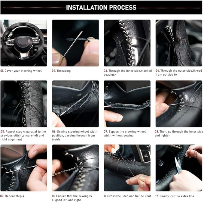 AUTOXBERT 38cm/15 Genuine Leather DIY Steering Wheel Cover Soft Hand Sewing On Wrap Cover with Needles Thread fit for VW Ford Nissan Kia Vauxhall