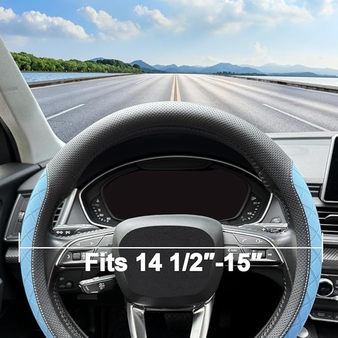 LKWLIKEI Nappa Leather Steering Wheel Cover,Elegant Diamond Checkered Design, Non-Slip wear-Resistant, Enhance Driving Comfort, Suitable for Steering Wheel Diameter 14 1/2‘-15’ Models.Black Blue