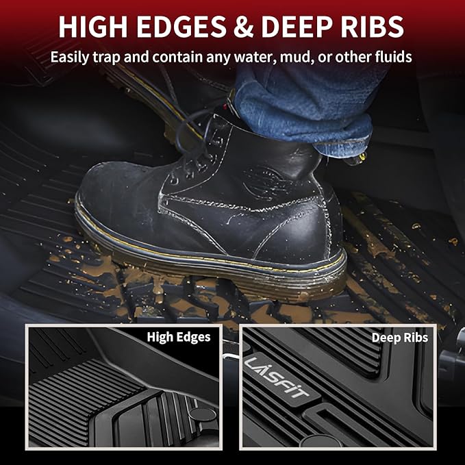 LASFIT Floor Mats 2019-2024 for Ram 1500 Crew Cab (NOT Fit for Classic Model) Bucket Seat with Folded Rear Under-Seat Storage 4 Full Size Doors All Weather TPE Custom Fit 1st & 2nd Row, Black