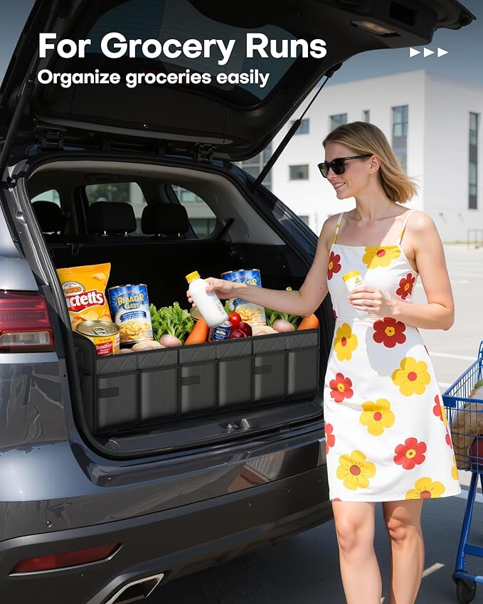 HOTOR Trunk Organizer for SUV – Foldable & Portable Car Organizers and Storage with 3 Compartments, Large Capacity Car Trunk Organizer Car Accessories for Truck Sedan, Black, 32.3" x 12.8" x 11.0"