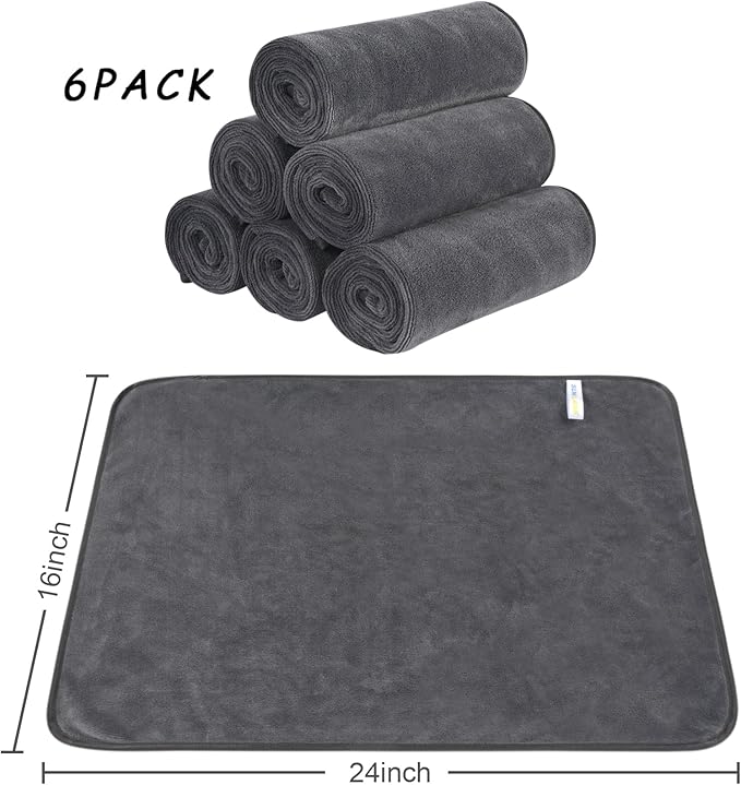 SINLAND Microfiber Car Drying Towels Ultra Absorbent,No Streaks,Scratches, or Water Spots,Wash Cleaning Auto Detailing Towels 400gsm 16inch x 24inch 6Pack Grey
