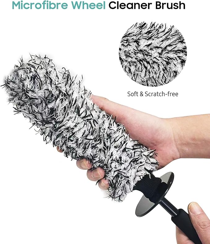 YeewayVeh Car Cleaning Brush Wheel Brush Kit, Soft Microfiber Flat Wheel Rim Cleaner Brush with 2 Removable Covers, Wheel Cleaning Brush and Car Wash Mitt for All Vehicles Truck SUV Cleaning