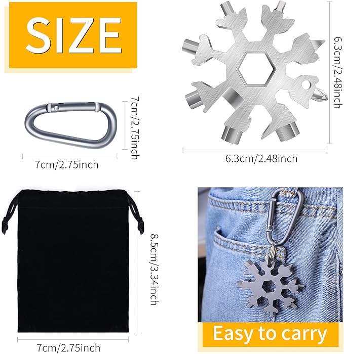 FZENeast Snowflake Multitool, 1 Piece 18-in-1 Stainless Steel Snowflake Standard Multitool, Snowflake Wrench with Key Ring, Carabiner Clip and Gift Bag (Silver)
