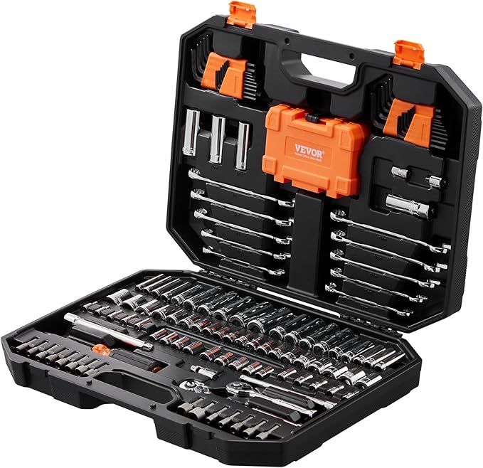 VEVOR Mechanics Tool Set and Socket Set, 1/4" and 3/8" Drive Deep and Standard Sockets, 145 Pcs SAE and Metric Mechanic Tool Kit with Bits, Combination Wrench, Hex Wrenches, Accessories, Storage Case