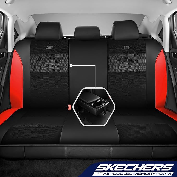 Skechers Aircooled & Memory Foam Seat Covers,Premium Leather with EVA Mesh Car Seat Covers,Seat Cover Full Sets,Airbag Compatible Automotive Comfort for Most Cars, Vans, Trucks, SUV,Red
