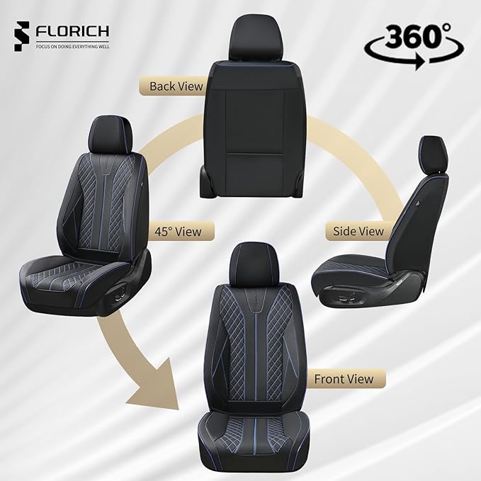 FLORICH Universal Seat Covers for Cars, Front and Back Seat Cover for Car Luxury Faux Leather Waterproof Seat Cover Universal Fit for Most Cars SUV Trucks, Black&Blue Line