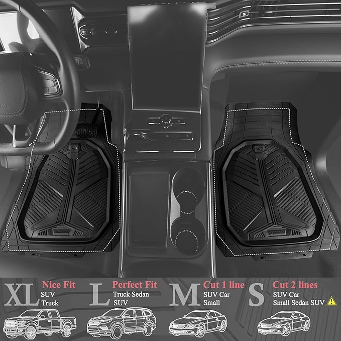 CAR PASS Heavy Duty Rubber Car Mats, Deep-Dish 2-Piece Car Floor Mats Front Only, All Weather Protection Universal Trim-to-Fit for SUVs Trucks Sedans, Waterproof Anti-Slip, Black