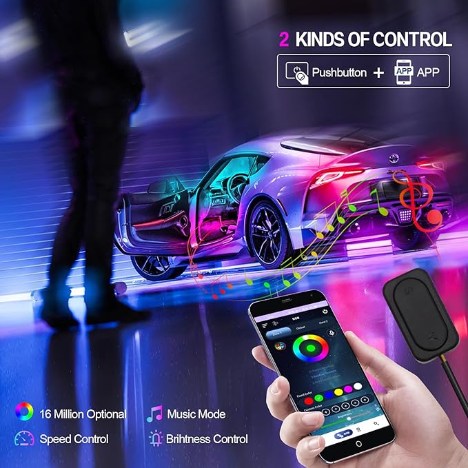 New Version Dreamcolor Acrylic Car Interior Lights 18 in 1 RGB Car Ambient Lighting Kit APP Control Zoned Control System 252 Color Modes DIY 16 Million Colors Music Sound Active Neon LED Strip Lights