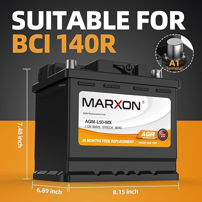 MARXON Group 140R H4 LN1 Start and Stop Car Battery 12v 50AH 570CCA AGM BCI140R Maintenance Free Automotive Replacement Batteries