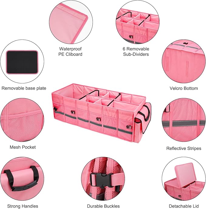 Car Trunk Organizer and Storage with Lid & Removable Leakproof Cooler Bag, Customized Space Pink Car Interior Accessories for Women Collapsible Large Trunk Organizers for Sendan SUV, Jeep, MPV, BMW