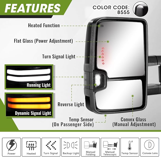 Towing Mirrors for Chevy Silverado/GMC Sierra 1500 (2014-2018), 2500HD/3500HD (2015-2019) Switchback Dynamic Turn Signal/Running Lights Power Heated (Painted Black)