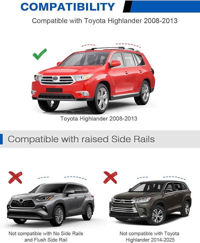 300lbs Lockable Roof Rack Cross Bars Fit for Toyota Highlander 2008 2009 2010 2011 2012 2013, Heavy Duty Aluminum Lockable Roof Rails Crossbars Black Rooftop Cargo Carrier Luggage