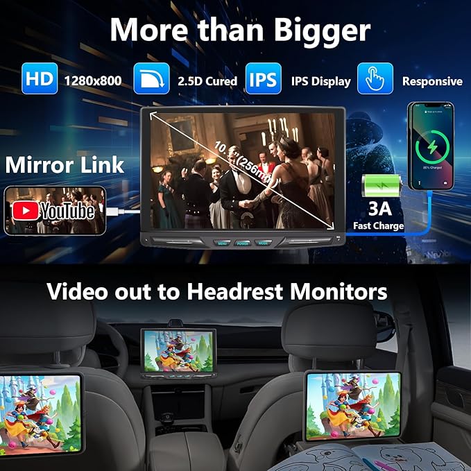 10.1" Detachable and Adjustable Single Din Car Stereo Wireless Apple Carplay &Android Auto with 1280 * 800 IPS Touch Screen, Bluetooth 5.2/Voice Control/Subwoofers/FM/AM/SWC/Free Backup Camera