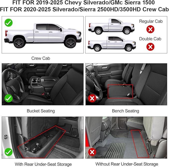 Car Floor Mats Fit for 2019-2025 2026 Chevy Silverado & GMC Sierra 1500/2020-2025 Silv/SRA 2500HD/3500 HD Crew Cab with Under-Seat Storage, All Weather Truck Liners & Door Sill Guards Accessories