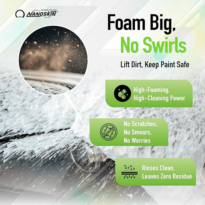 Nanoskin BUBBLE BATH Foaming Car Wash Shampoo 16 Oz. - Works with Foam Cannon, Foam Gun, Bucket Washes, Car Soap for Pressure Washer | For Car, Truck, Motorcycle, RV & More | Green Apple Scented