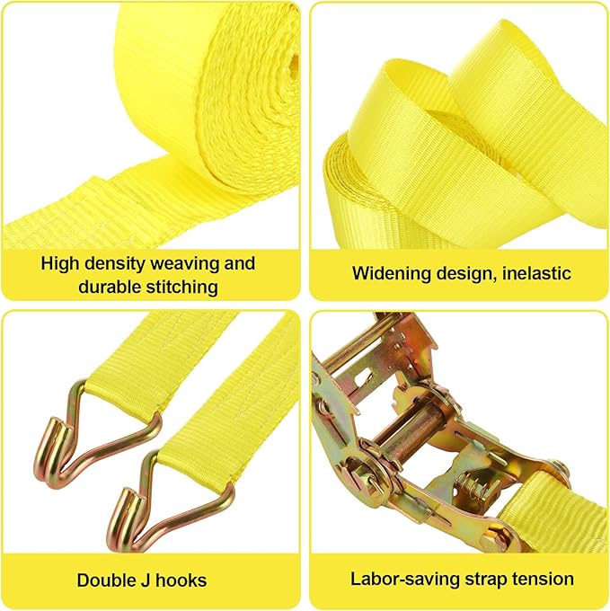 4 Pack 2 Inch Ratchet Straps Heavy Duty 20ft Tie Down Straps Ratchet with Double J Hook, 8000 LBS Break Strength, Cargo Ratchet Straps for Moving, Truck, Trailers, Motorcycles, Kayaks, Car Roof