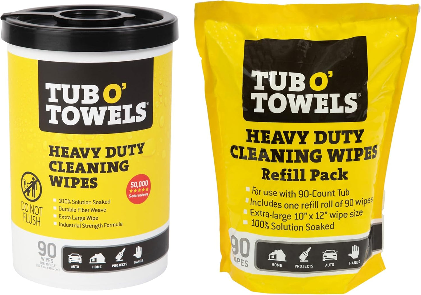 Tub O' Towels Heavy Duty, 10" x 12", Multi-Surface Cleaning Wipes, 90-Count Canister & Refill Pack, White