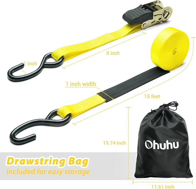 Ratchet Tie Down Strap 15 Ft - 500 lbs Load Cap with 1500 lbs Breaking Limit, Ohuhu Ratchet Tie Downs Logistic Cargo Straps for Moving Appliances, Motorcycle (Yellow, 8-Pack)