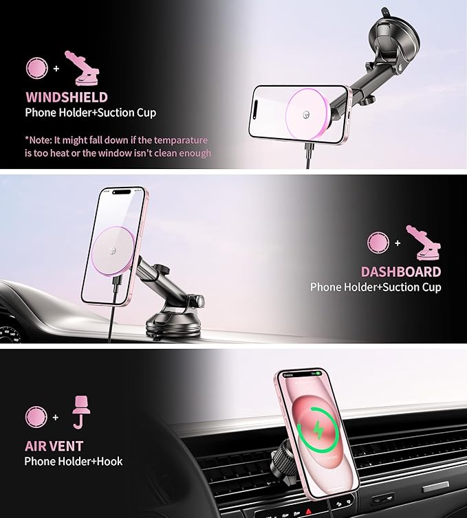 for MagSafe Car Mount Charger Dash/Windshield/Vent Wireless Car Charger with [LED Light], Magnetic Phone Holder for Car for iPhone 17 16 15 14 13 12 Series, Fit MagSafe Accessories (Pink)