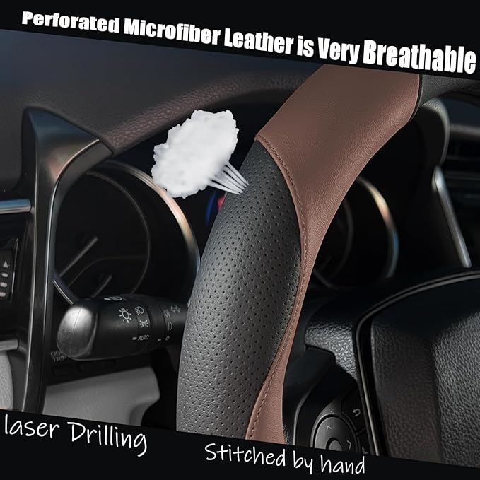 Steering Wheel Cover Universal Standard Size 14.5-15 inch, Breathable Microfiber Leather, Anti-Slip, Soft Grip, Sporty Design, Fits for Cars SUVs Trucks, Black and Chocolate Brown