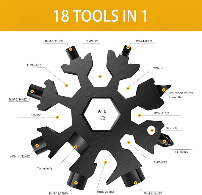 FZENeast 18-in-1 Snowflake Multitool, 2 Pcs Stainless Steel Standard Multi-Tool With Key Ring, Carabiner Clip and Storage Bag (Black)