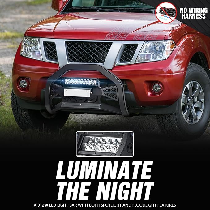 for Frontier Bull Bar Front Brush Guard with LED Light Bar & License Plate Frame Compatible with 2005-2021 Nissan Frontier, Truck Guard Grille Bumper Push Bar (Include Light Mount & Skid Plate)
