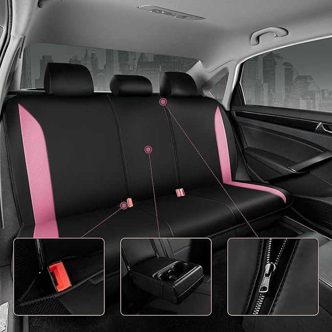 Road Comforts Car Seat Cover, Leather Seat Cover Full Set, Automotive Interior Seat Covers, Universal Fit for Most Cars, SUVs, Trucks, and Vans, Airbag Compatible (Pink)