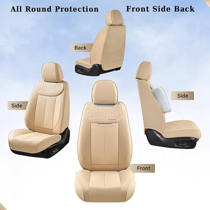 Coverado Seat Covers, Car Seat Covers Front Seats, Beige Nappa Leather Car Seat Covers, 2 Pack Waterproof Front Seat Covers, Breathable Leather Seat Cushion Universal Fit Most Cars Trucks