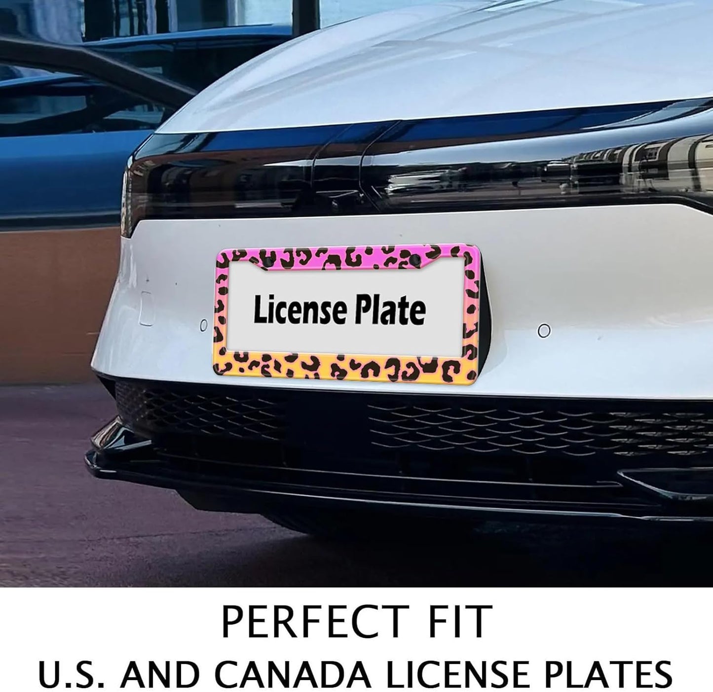 Gradient Color Leopard Print License Plate Frame Cheetah Print Tags Frames Holder Covers Metal Aluminum Rustproof Cute Car Accessories for Us Canada Standard Women Men 2 Holes with Screw Caps