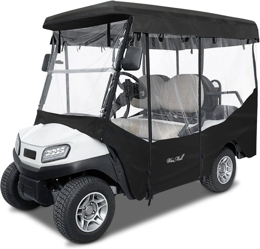 Golf Cart Enclosure 4 Passenger for Club Car Tempo Onward Extended Roof Waterproof Transparent Driving Rain Cover Fit 4-Seater with 4-Sided Clear Windows Mirror Zipper Roll-up Door Black