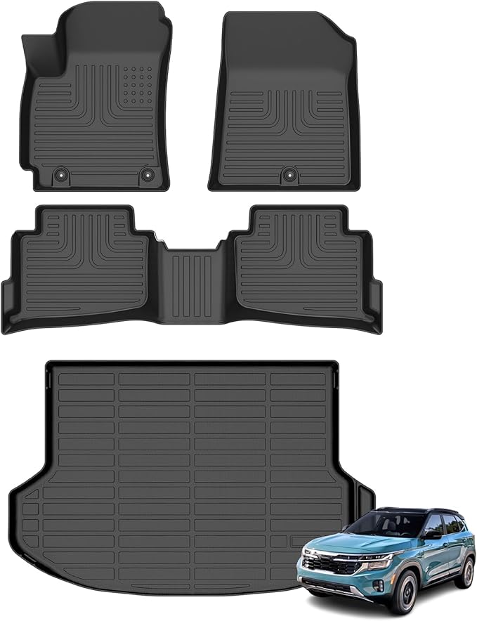 Floor Mats & Cargo Liner for Kia Seltos 2024 2025 2026 S/LX/EX/SX/X-Line All Weather Automotive TPE Liners Set Anti-Slip Waterproof Floor Liners Accessories (Car Mats+Trunk Mat) Black