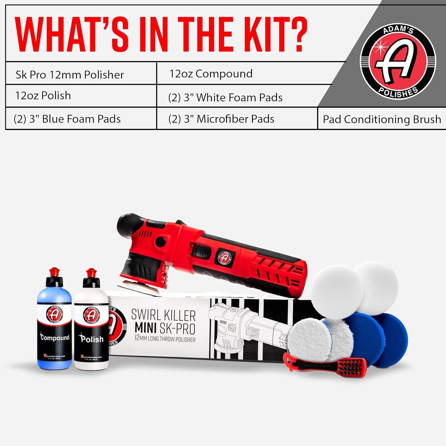 Adam's Polishes SK Pro 12mm Car Polisher Kit (10 Item) - Professional Dual Action Polisher for Car Detailing - Paint Correction, Waxer Buffer DA Polisher - Variable Speed Car Polisher System