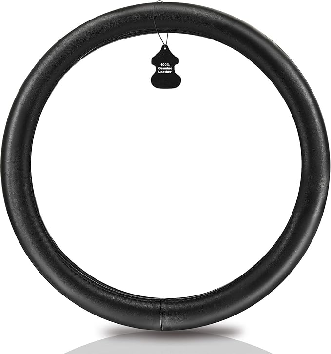 Haokay Heavy Duty Pure Cowhide Steering Wheel Cover, Black Genuine Leather Steering Wheel Cover Men Women Universal 14.5 to 15 Inch