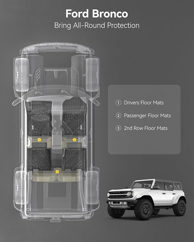 3W Floor Mats Fit for 2021-2024 Ford Bronco 4-Door, All Weather TPE Custom Fit Bronco Floor Liners Car Accessories (Not Fit Sport & Vinyl Floor)