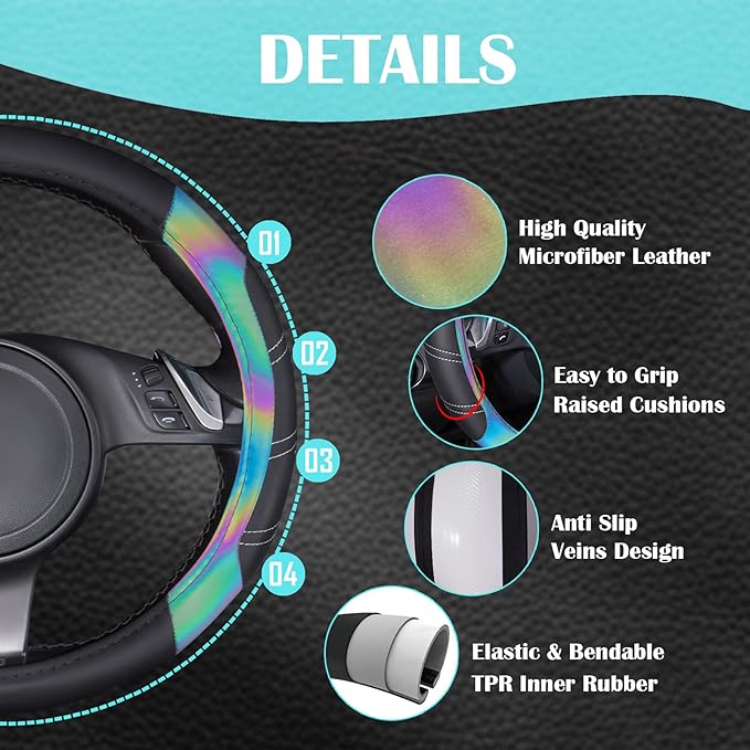 CAR PASS Line Rider Microfiber 13.5-14 Inch Leather Sporty Steering Wheel Cover Universal Fits for 95% Truck,SUV,Cars, Anti-Slip Safety Comfortable Desgin (Black Reflective)