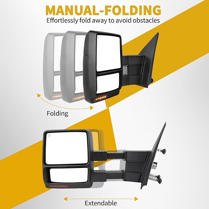 DWVO Towing Mirrors for 2007-2014 Ford F150, Power Heated Side Mirrors with Amber LED Turn Signal, Puddle Light, Manual Telescoping and Folding, Pair Replacement Tow Mirrors Set