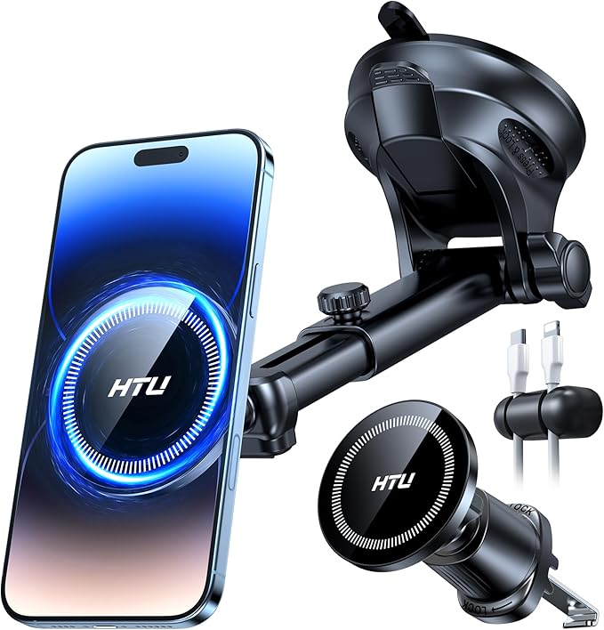 HTU for MagSafe Car Phone Mount Magnetic Phone Holder for Windshield Vent Dashboard Magnetic Suction Phone Mount for iPhone 16/15/14/13/12 & Android (Black)