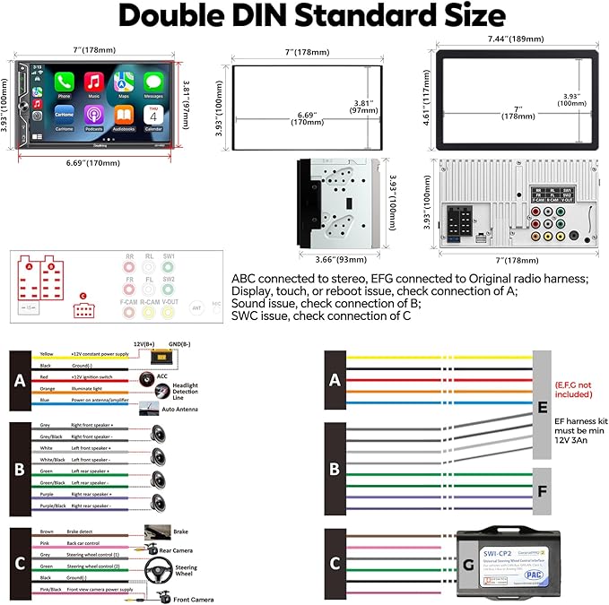 [QLED Screen Upgrade] 7" Double Din Car Stereo with Wireless Apple CarPlay and Android Auto, 240W Powerful Sound, 4.2-Channel Audio Output, Bluetooth, MirrorLink, Backup Camera, AM/FM Car Radio