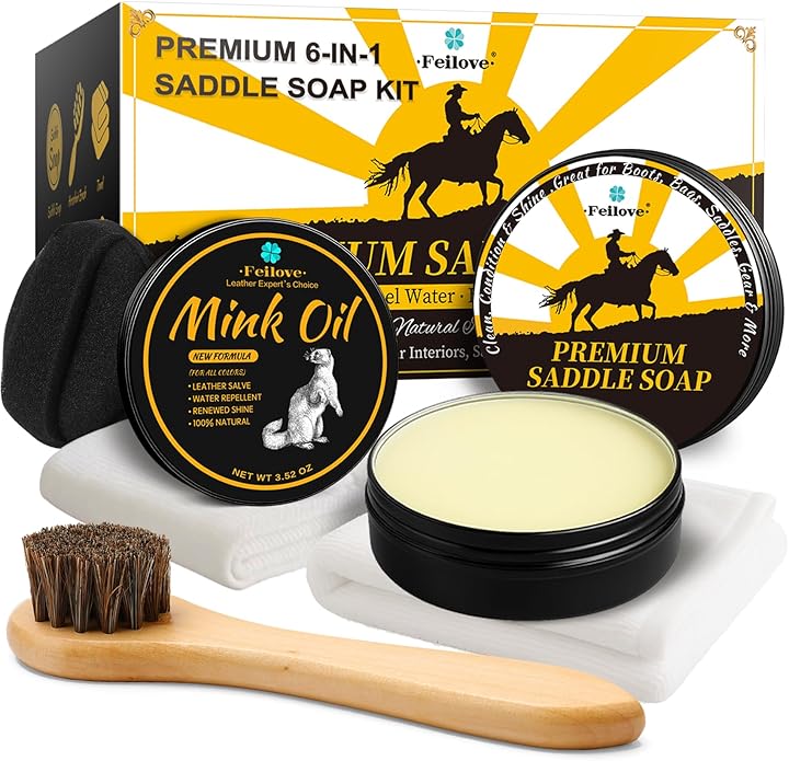 Saddle Soap for Leather – 6-in-1 Leather Cleaner & Conditioner with Saddle Soap & Mink Oil (3.52oz Each), Brush, Sponge & Towels – Complete Care Kit for Leather Boots, Bags, Car Interiors, Shoes
