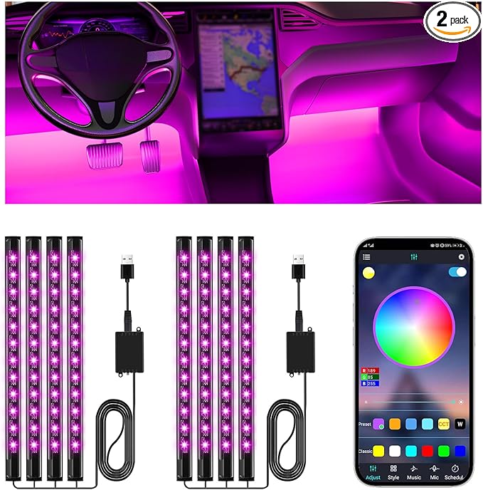 Winzwon Led Lights for Car Accessories Interior, Christmas Stocking Stuffers White Elephant Gifts for Men Women Adults, APP Control with USB Port Color Change Lights for Truck Decor 2 Pack