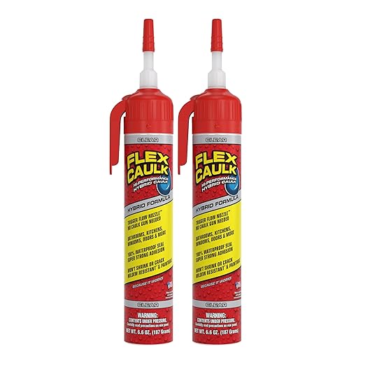 Flex Caulk, Waterproof & Weatherproof Hybrid Polymer Sealant, Strong, Paintable, Indoor, Outdoor, Bath, Shower, Sink, Window, Baseboards, Door, RV, Roof, Wood, Auto & Marine, Clear, 6.6 oz, 2-Pack