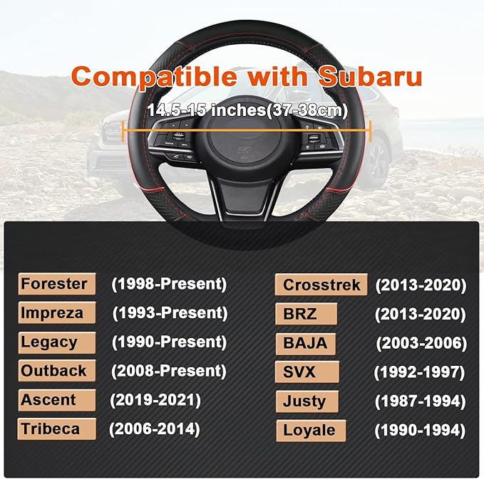 GIANT PANDA Customized Auto Steering Wheel Cover for Subaru Forester, Car Steering Wheel Cover for Subaru Outback and Crosstrek - Black+Red Trim
