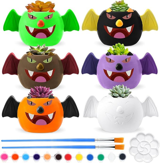 Pasimy 6 Set DIY Ceramic Succulent Planter Pots Paint Your Own Flower Pots Craft Kit Unpainted Bisque Paintable Flowerpot with Brush Palette Ready to Paint for Family Activity Gift (Bat)