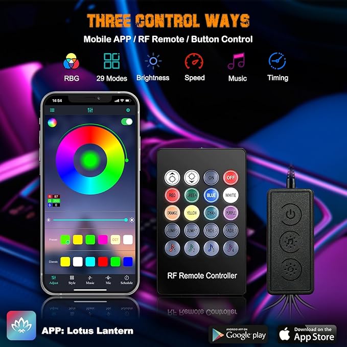 Car LED Lights, Interior Car Lights with Wireless APP/RF Remote/Button Control, Car Ambient Lighting Kit with 236" Integrated Molding Fiber Optic RGB Sync to Music (9 in 1-USB)