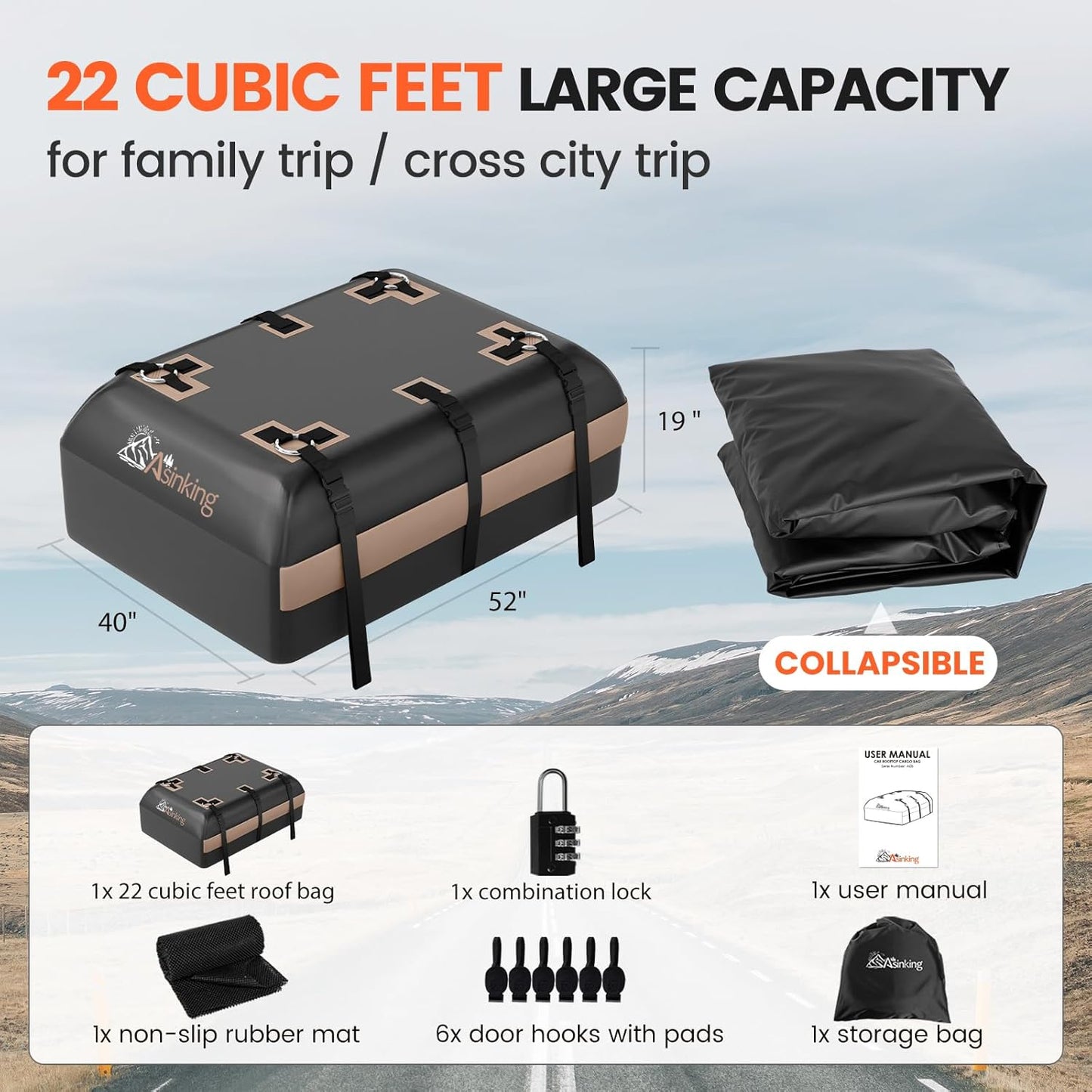 Asinking Car Rooftop Cargo Carrier Bag, 22 Cubic Feet Waterproof Roof Cargo Bag, 500Lbs Break Strength, Fit Vehicles with/Without Roof Rack, Includes Anti-Slip Mat, 6 Door Hooks, Luggage Lock