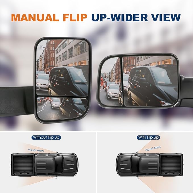 Pair Black Power Heated Towing Mirrors Compatible for 1998-2001 Dodge Ram 1500/1998-2002 Dodge Ram 2500 3500 w/White DRL, Led Turn Light