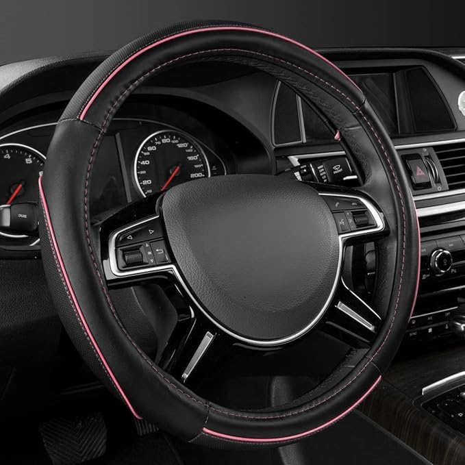 CAR Pass Colour Piping Leather Universal Fit Steering Wheel Cover, Perfectly fit for 14.5-15 inches Suvs, Vans, Trucks, Sedans, Cars (Black&Pink)